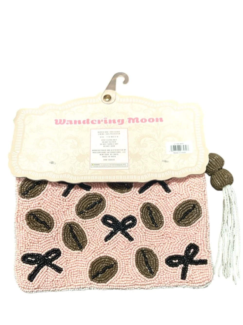 Pink Beaded Travel Pouch Makeup Bag Espresso Martini Tassel Handmade 7.75 x 5 in
